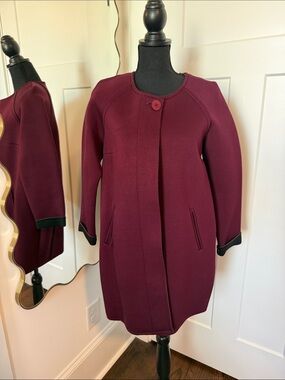 Women’s Bordeaux Single-Button Pea Coat with Black Trim